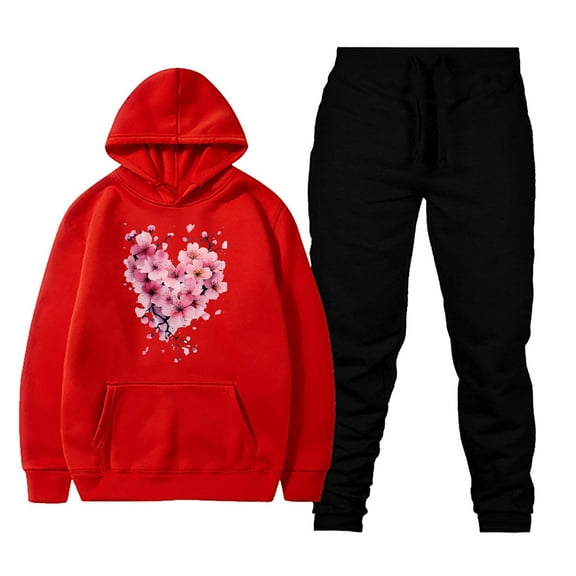 Xdegoge Womens Sweatsuits 2 Piece Set Floral Print Long Sleeve Hooded Sweatshirt Casual Drawstring Hoodie Y2K Sport Lounge Outfits Joggers High Waist Loose Sweatpants 2025 Stylish Cozy Tracksuit