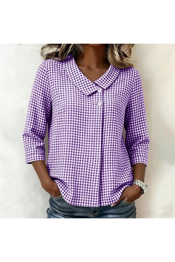 Womens T Shirt Plaid Asymmetrical Peter Pan Collar 3/4 Sleeve Casual Regular Fit Blouses Summer Vacation Beach Trendy Travel Tees