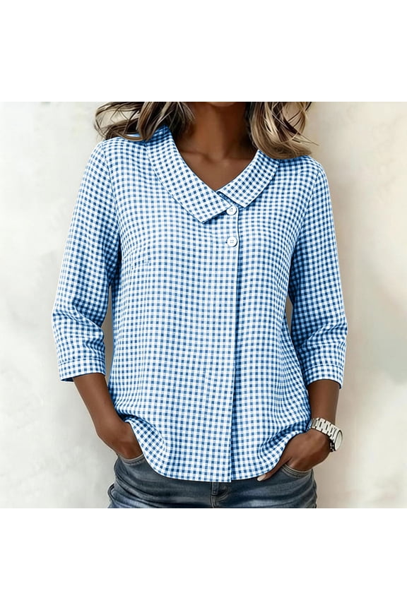 Womens T Shirt Plaid Asymmetrical Peter Pan Collar 3/4 Sleeve Casual Regular Fit Blouses Summer Vacation Beach Trendy Travel Tees