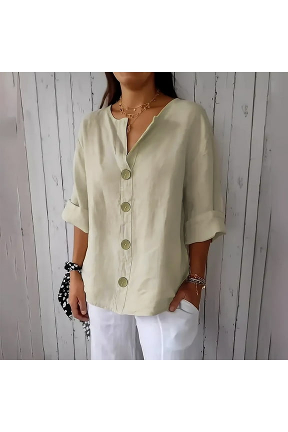 Womens T Shirts Clothes 5.00 Women'S 3/4 Sleeve Tops Linen V Neck Button Down T Shirts Loose Fit Dressy Casual Shirts Summer Fashion Tops 2025 Soft Comfy Basic Tees