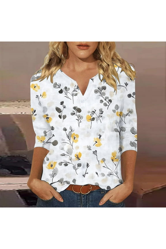 Womens T Shirts Clothes 5.00 Womens Tops 3/4 Sleeve Floral V Neck T Shirts Summer Tunic Ladies Tops Elegant Dressy Casual Blouses Fashion Vacation Tee Shirts Ropa Mujer