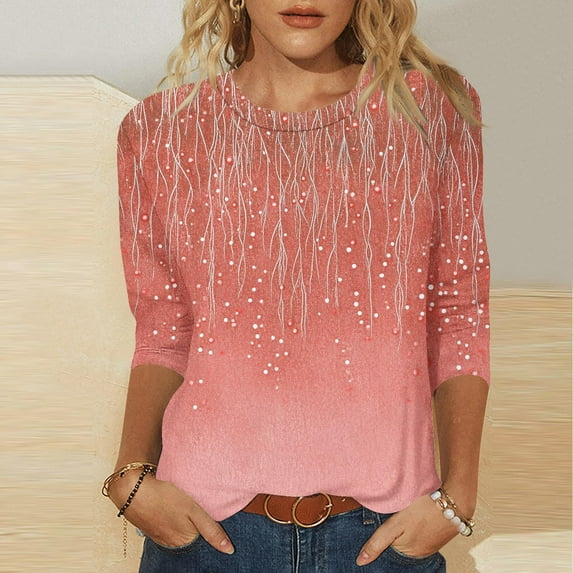 Xdegoge Womens Tops Crew Neck Floral Printed Tee 3/4 Length Sleeve Womens Tops Vintage Fashion Casual Holiday Plus Size Shirts Daily Camisetas De Manga 3/4 Para Mujer