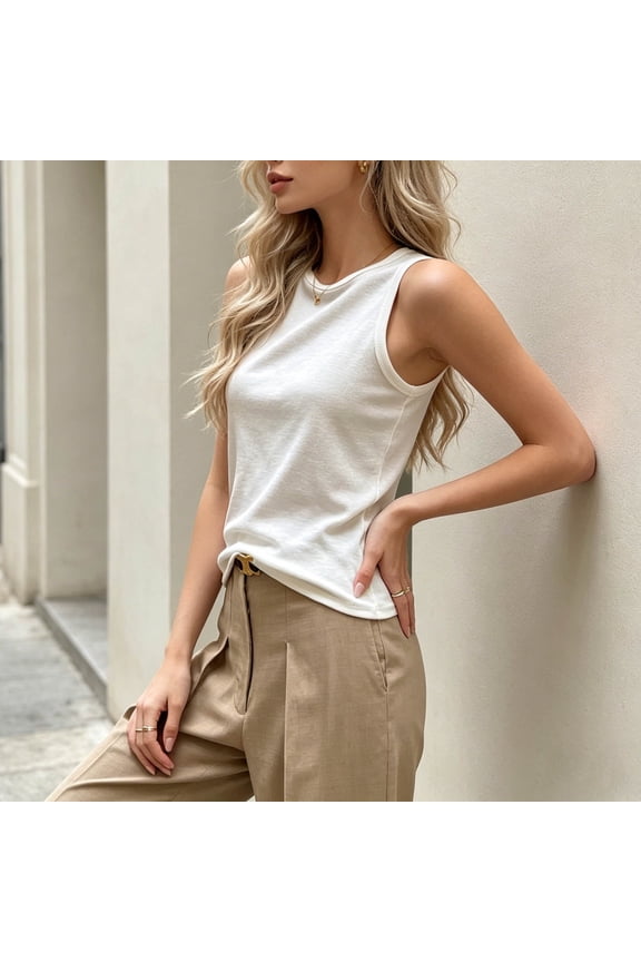 Womens Tops High Crewneck Ribbed Sleeveless Basic Tee Racerback Style Casual Everyday Work Office Chic Minimalist Wardrobe Staple Simple Pullover