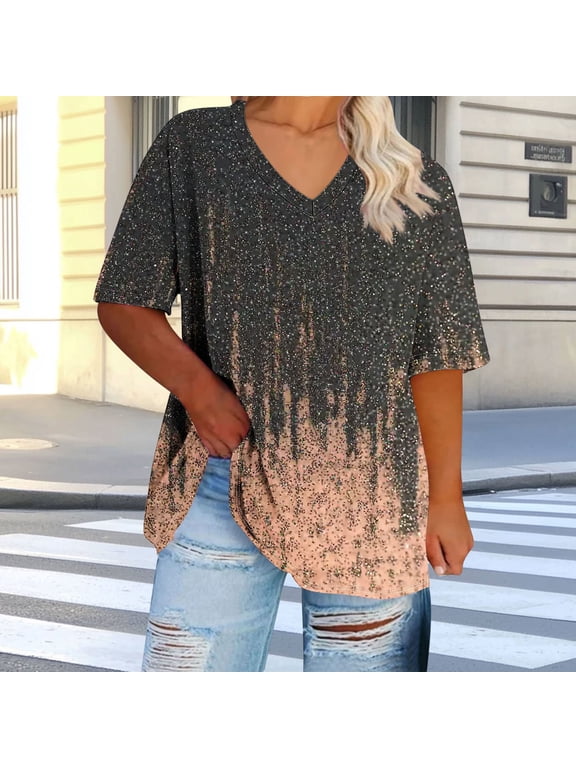 Womens Tops Plus Size M Floral Vintage Oversized Loose Fit Shirts Short Sleeve V Neck Tunic T-Shirt Casual Summer Vacation Blouses Women's Plus Size Shirts And Blouses