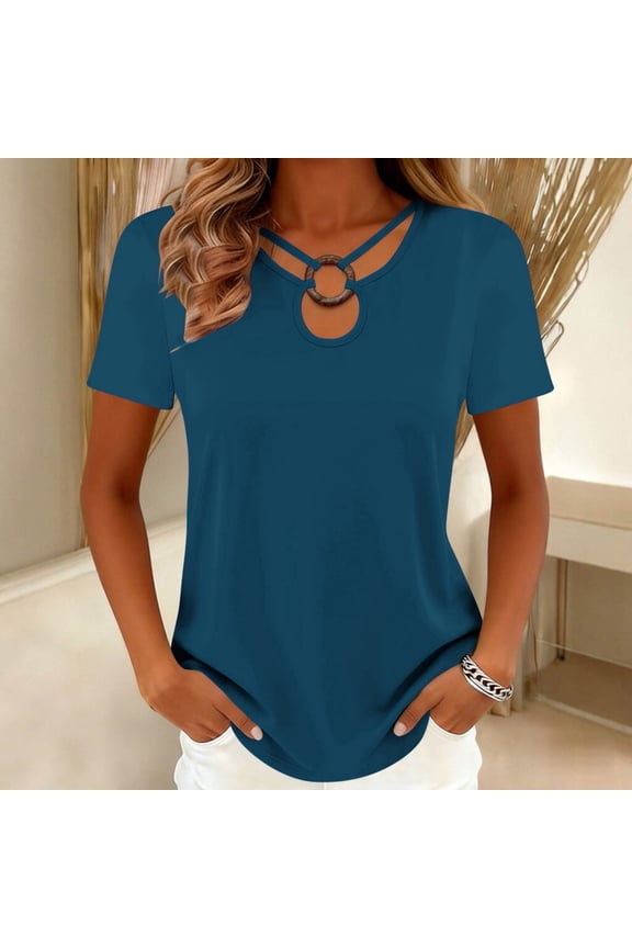 Womens Tops Short Sleeve Keyhole Ring Neck Casual Summer Tees Criss Cross Front T Shirts Loose Fit Basic Blouses Daily Wear Vintage Apparel Chic Workout Tunic Activewear