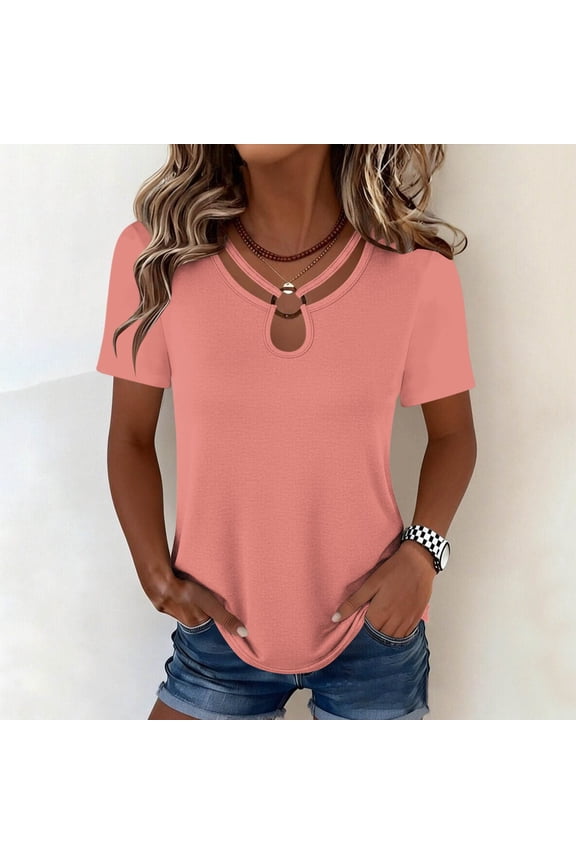 Womens Tops Short Sleeve Keyhole Ring Neck Casual Summer Tees Criss Cross Front T Shirts Loose Fit Basic Blouses Daily Wear Vintage Apparel Chic Workout Tunic Activewear