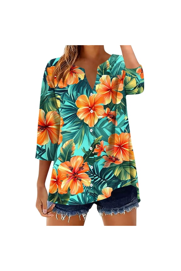 Womens Tropical Hibiscus Print Button Down Shirt 3/4 Sleeve V Neck Boho Hawaiian Beach Tunic Loose Fit Flare Summer Blouse Fashion Apparel Tops Shirts