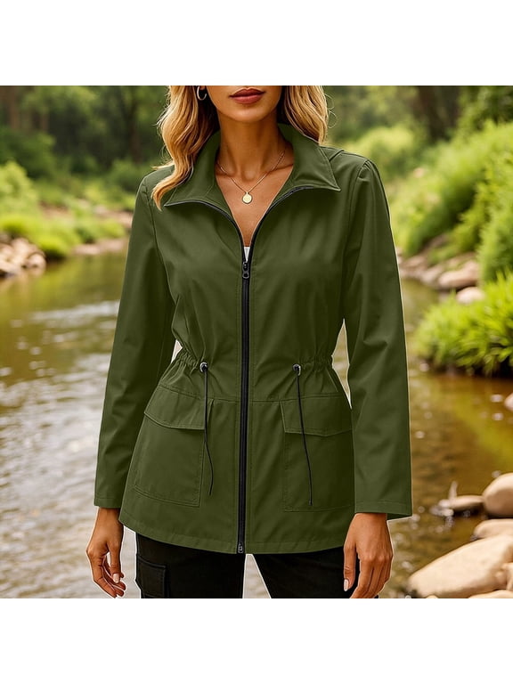 Womens Utility Anorak Jacket Zip Up Lightweight Coat Drawstring Waist Safari Outerwear with Flap Pockets for Hiking Casual Spring