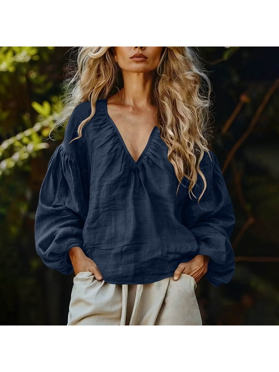 Womens V Neck Blouse Fashion Casual Long Sleeve Bubble Sleeve Tops Elastic Smocked Waist Elegant Pullover Shirt Chic Solid Color Autumn Apparel