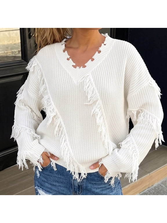 Womens V Neck Fringe Sweaters Distressed Ripped Tassel Knit Pullover Tops Long Sleeve Oversized Slouchy Casual Fall Winter Boho Chic Trendy Knitwear