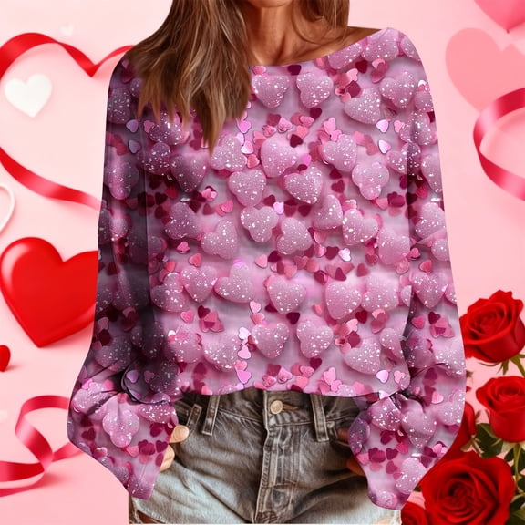 Xdegoge Womens Valentines Sweatshirt Crew Neck Long Sleeve Pullover Cute Playful Love Heart Print Top Fashion Casual Lightweight Pullovers