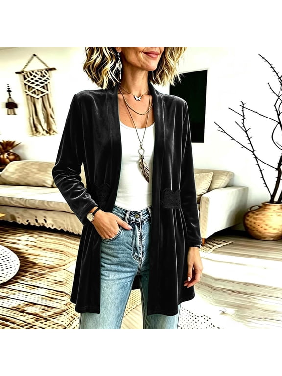 Womens Velour Duster Cardigan Long Sleeve Open Front Elegant Midi Coat with Lace Trim Pockets Casual Vintage Fall Winter Outerwear
