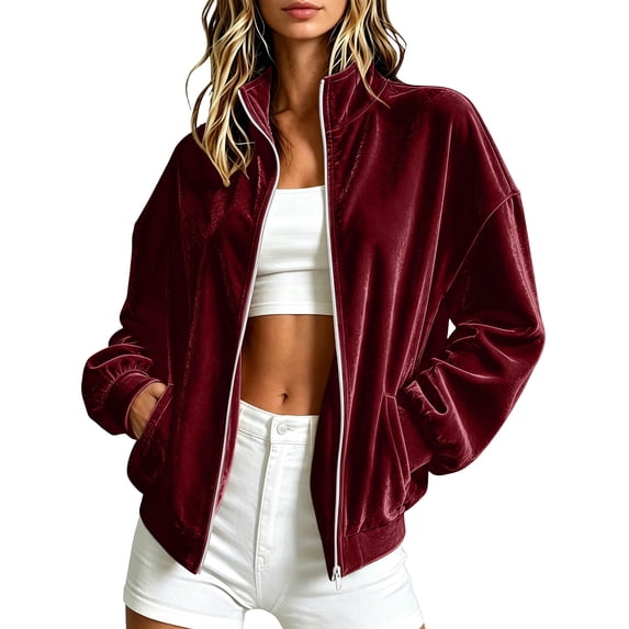 Xdegoge Womens Velour Track Jackets Long Sleeve Full Zip Up Stand Collar Coats with Pockets Casual Fall Winter Athletic Outerwear