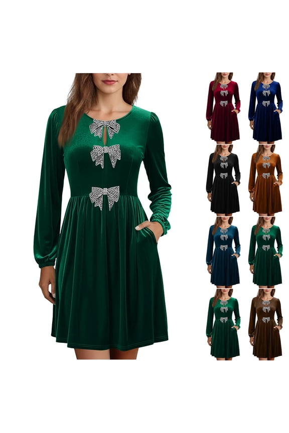 Womens Velvet Dress Crewnceck Short Bridesmaid Dress Elegant Pleated Vintage Dresses Stylish Casual Dresses for Christmas Party, Cocktail Party, Wedding Reception with Diamond Bow Button