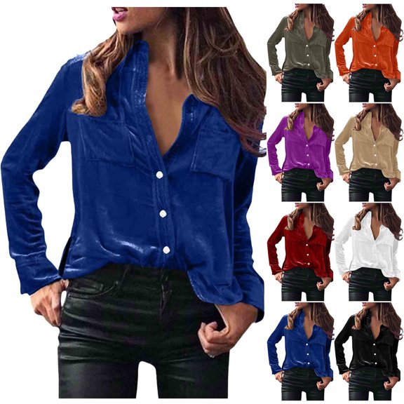 Xdegoge Womens Velvet Top Button Down V Neck Tops Casual Long Sleeve Lapel Blouse Classic Vintage Tunic Blouses Fall Winter Stylish Elegant Shirt