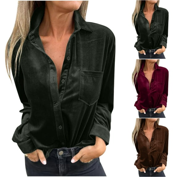 Xdegoge Womens Velvet Top Button Up Lapel Blouse Casual Loose Long Sleeve Tops Vintage Classic Elegant Blouses Fall Winter Trendy Party Festival Outfits