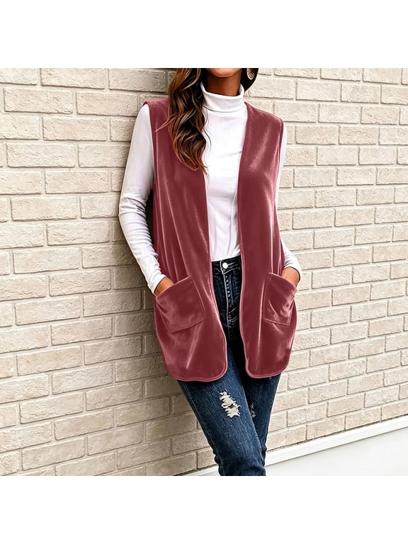 Womens Velvet Vest Sleeveless Open Front Party Lightweight Long Cardigan with Pockets Vintage Fall Winter Layering Duster Coat