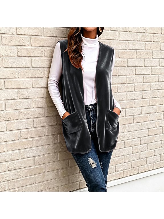 Womens Velvet Vest Sleeveless Open Front Party Lightweight Long Cardigan with Pockets Vintage Fall Winter Layering Duster Coat