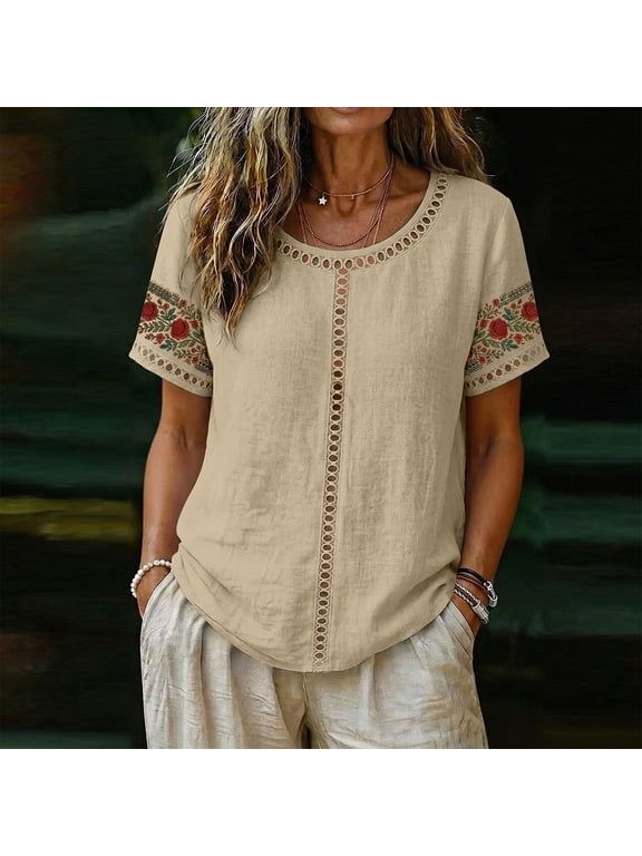 Womens Vintage Floral Embroidered Shirts Crochet Lace Trim Short Sleeve Blouses Crewneck Casual Loose Linen Cotton Pullover Tops Boho Summer Vacation Tees