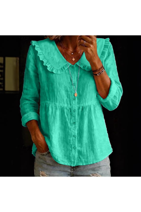 Womens Vintage Ruffle Collar Blouses Button Down Linen Textured Peplum Shirts Three Quarter Sleeve Flowy Tunic Tops Casual Cottagecore Outing Classic Layering Basic Tees
