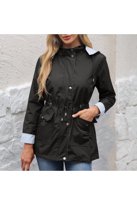 Womens Warm Coats Outerwear Fashion Casual Long Sleeve Button Down Rain Jackets Comfort Drawstring Cinch Waist Coat Fall Winter Windbreaker Jacket Coat with Hood Lightweight Plus Size XL