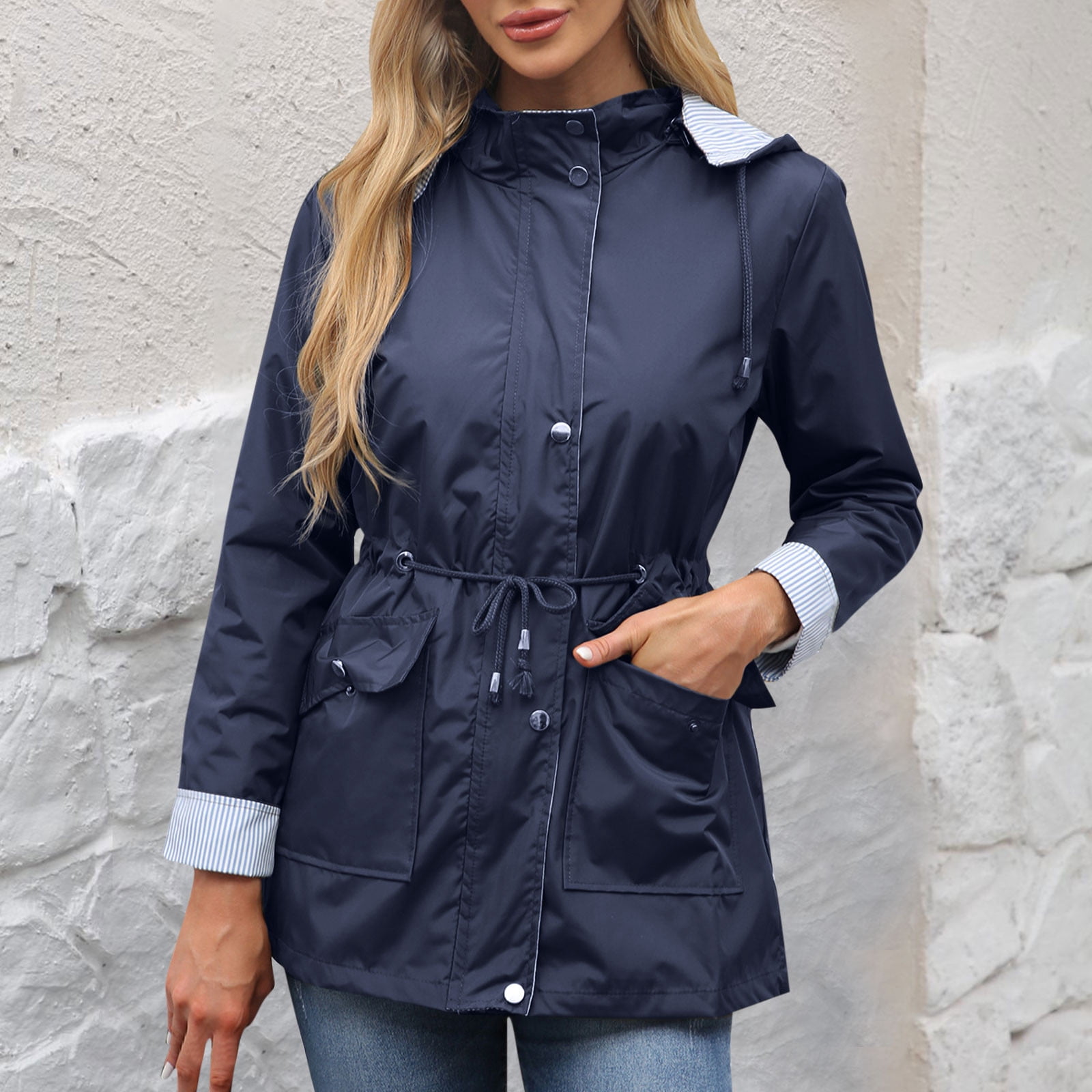 Maqroz Womens Warm Coats Outerwear Fashion Casual Long Sleeve Button Down Rain Jackets Comfort Drawstring Cinch Waist Coat Fall Winter Windbreaker Jacket Coat with Hood Lightweight Plus Size S