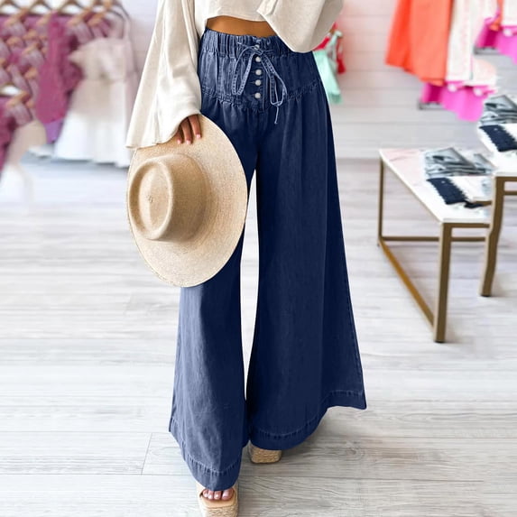 Xdegoge Womens Wide Leg Jeans High Rise Drawstring Elastic Waist Pants Flowy Summer Beach Vacation Trousers Trendy Ruffle Bottoms with Pockets