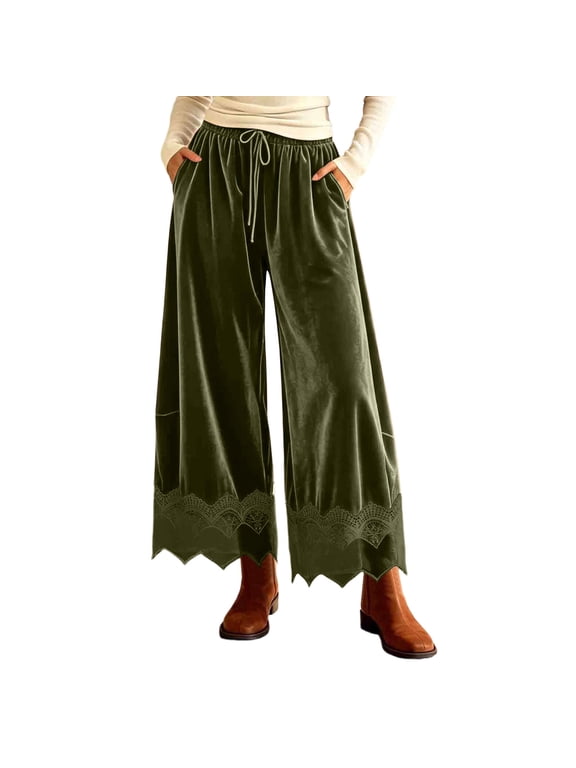 Womens Wide Leg Pants Casual Loose Fit Vintage Trousers with Lace Trim Hem Elastic Waist Lounge Fall Winter Boho Bottoms Army Green S