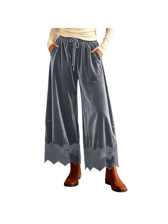 Womens Wide Leg Pants Casual Loose Fit Vintage Trousers with Lace Trim Hem Elastic Waist Lounge Fall Winter Boho Bottoms Gray S