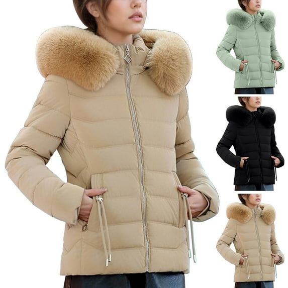 Xdegoge Womens Winter Coat Zip Up Thick Puffy Faux Fur Hooded Quilted Jackets with Pocket Thermal Solid Color Stand Collar Padded Jacket Outdoor Casual Trendy Tunic Coats 2025