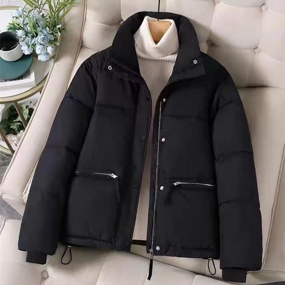Xdegoge Womens Winter Coats Warm Zip up Padded Snap Button Down Coat with Hood Zip up Thick Heavy Weight Puffer Jackets Fashion Casual Cropped Quilted Jacket with Pockets Outerwear
