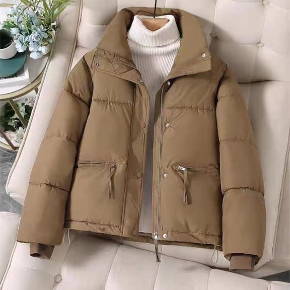 Xdegoge Womens Winter Coats Warm Zip up Padded Snap Button Down Coat with Hood Zip up Thick Heavy Weight Puffer Jackets Fashion Casual Cropped Quilted Jacket with Pockets Outerwear