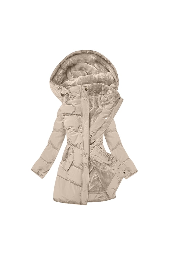 Womens Winter Down Jackets Thick Fleece Lined Quilted Coats Warm Zip Up Hidden Pockets Long Puffer Jackets Hooded Thermal Parka Outerwear