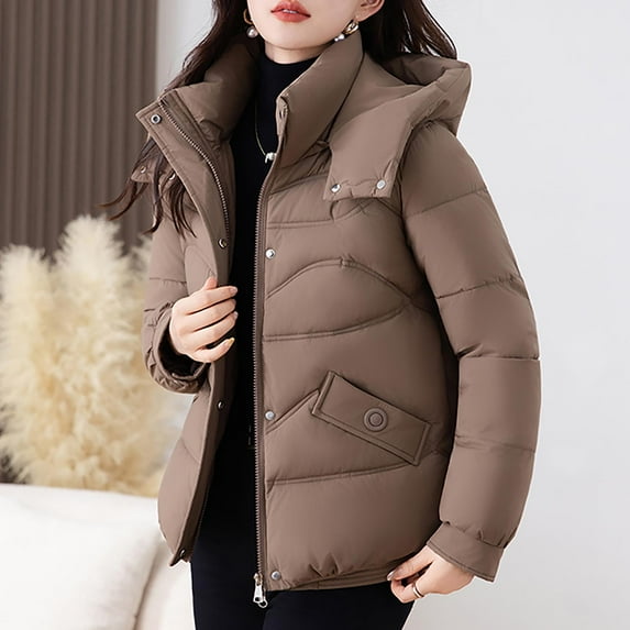 Xdegoge Womens Winter Jackets Puffy Zip Up Warm Hooded Quilted Jacket with Pockets Stand Collar Thick Casual Down Coats 2025 Trendy Outerwear Coat