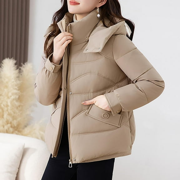 Xdegoge Womens Winter Jackets Puffy Zip Up Warm Hooded Quilted Jacket with Pockets Stand Collar Thick Casual Down Coats 2025 Trendy Outerwear Coat