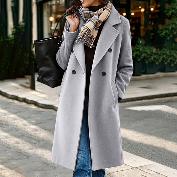 Xdegoge Womens Winter Pea Coat Long Double Breasted Trench Coat Lapel Collar Wool Blend Overcoat with Pockets formal Outerwear