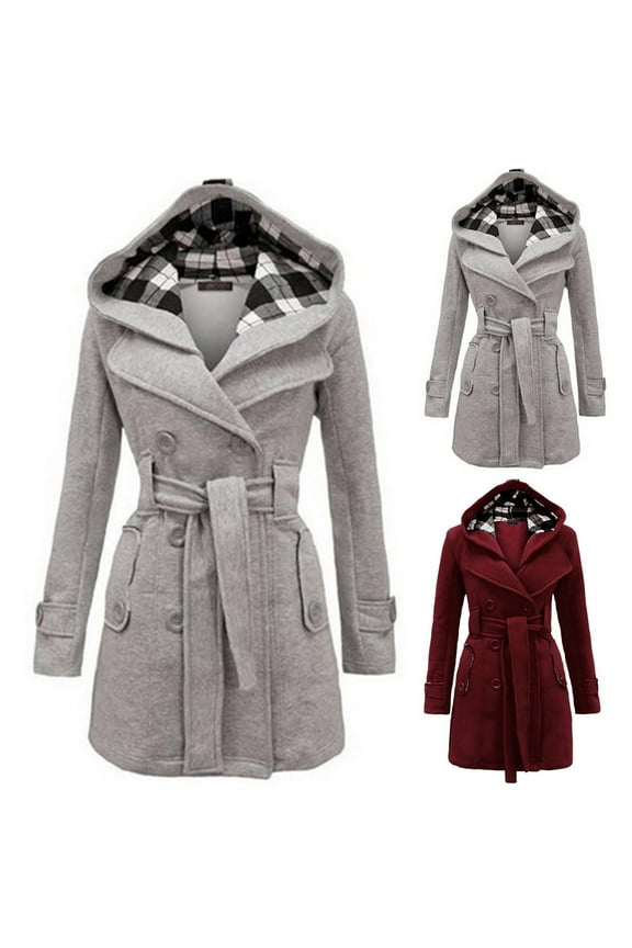 Womens Winter Trench Coat Double Breasted Wool Blend Belt Hooded Jackets with Pockets Plaid Lined Tunic Solid Color Lapel Long Jacket 2025 Warm Slim Fit Outerwear