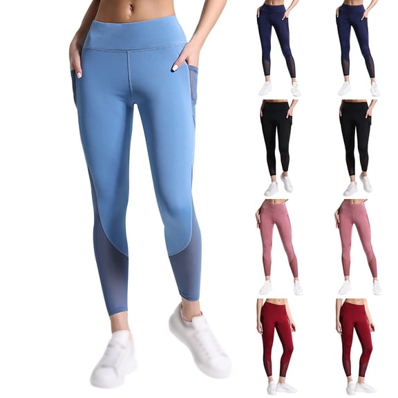 Xdegoge Womens Yoga Pants High Waisted Elastic Leggings Casual Workout Lightweight Legging Fashion Pathwork Mesh Plus Size Bottoms with Pockets