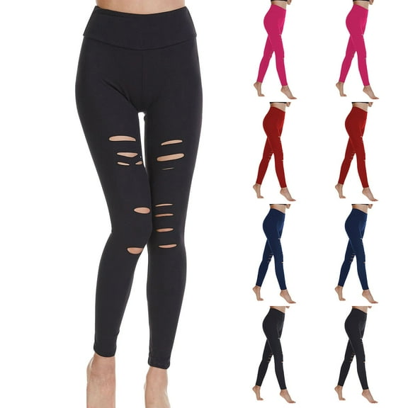 Xdegoge Womens Yoga Pants High Waisted Elastic Leggings Plus Size Casual Workout Legging Fashion Solid Color Ripped Breathable Bottoms