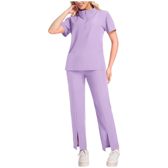 Xdegoge Womens Zip Front V Neck Scrub Set with Split Hem Drawstring Pants Two Piece Nurses Medical Uniform