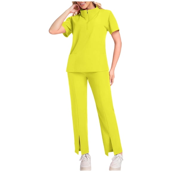Xdegoge Womens Zip Front V Neck Scrub Set with Split Hem Drawstring Pants Two Piece Nurses Medical Uniform