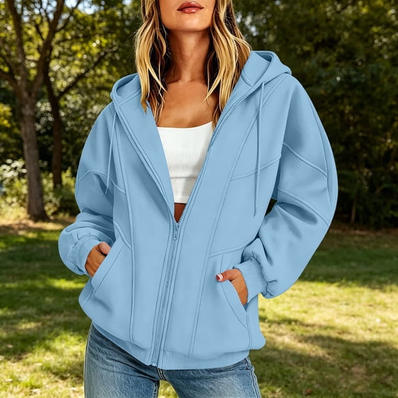 Xdegoge Womens Zip Up Hoodies Casual Long Sleeve Athletic Drawstring Fleece Relaxed Fit Workout Track Jackets with Pockets for Running Activewear