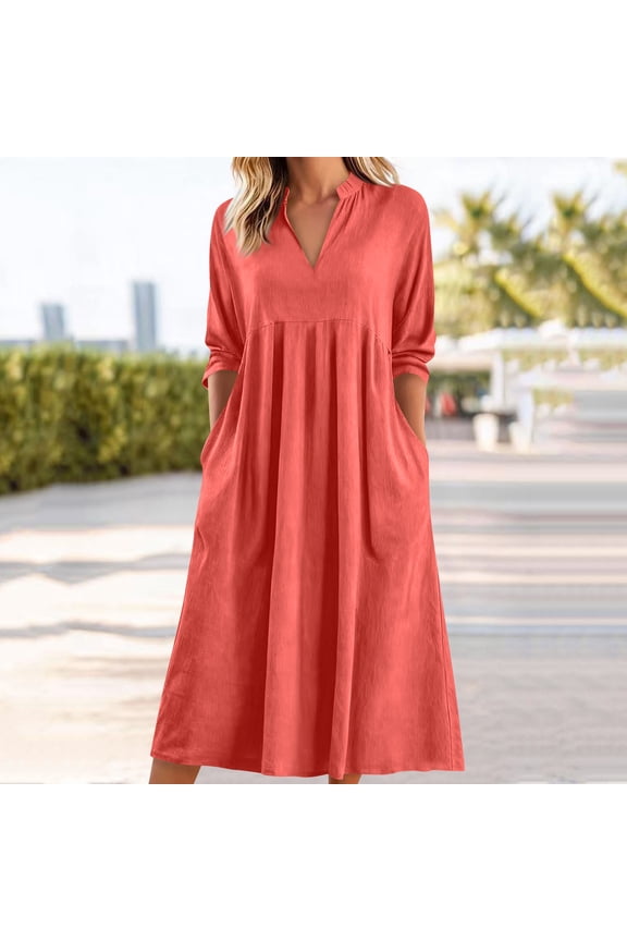 Work Dresses for Women Loose Fit Notch V-Neck Casual Dresses Short Sleeve Shift Dress Button Down Detail with Pockets Basic Daily Office Wear