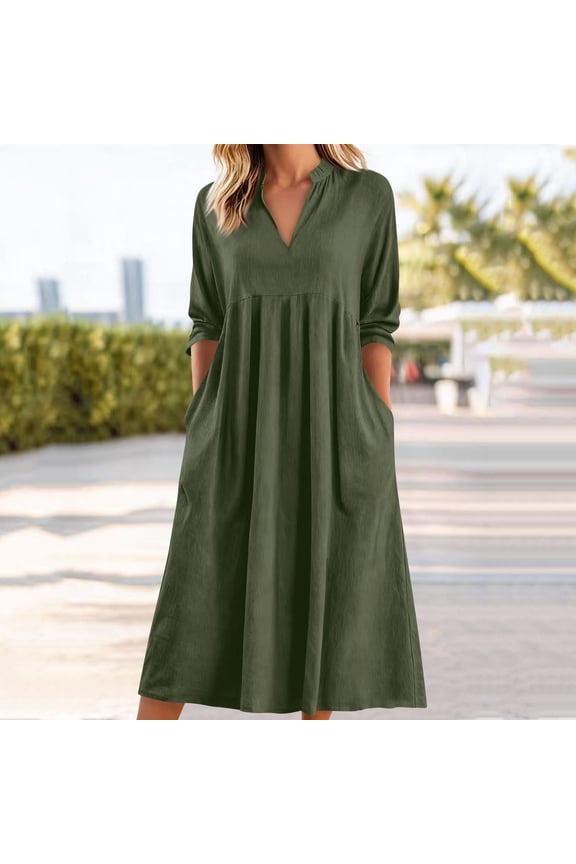 Work Dresses for Women Loose Fit Notch V-Neck Casual Dresses Short Sleeve Shift Dress Button Down Detail with Pockets Basic Daily Office Wear