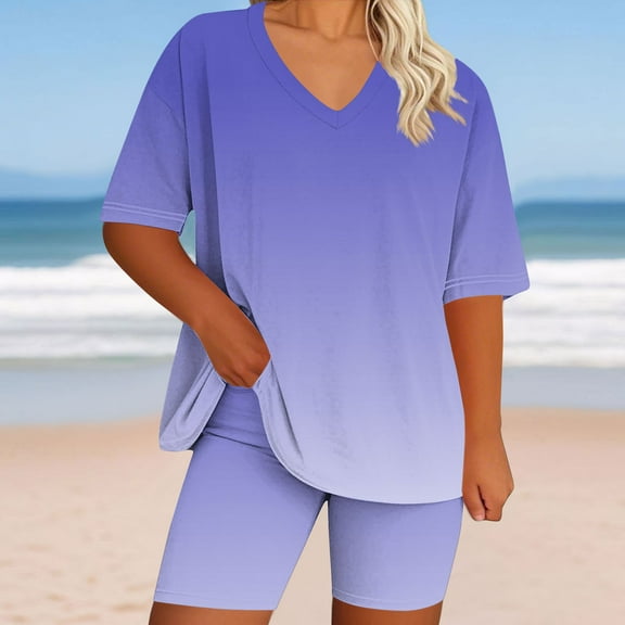 Xdegoge Workout Sets For Women 2 Piece Lounge Outfits Y2K Oversized Half Sleeve Sweatshirt Gradient Color Baggy Tops Stretch High Waisted Shorts Pants Leggings With Pockets Summer Casaul Activewear