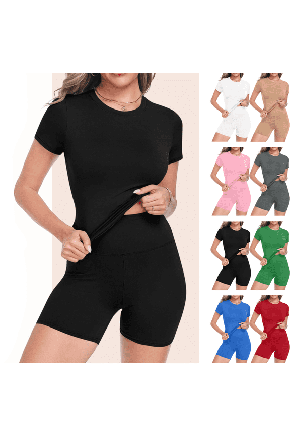 Workout Sets for Women 2 Piece Outfits Short Sleeve Crewneck Yoga Top and Biker Shorts Set Seamless Athletic Gym Fitness Lounge Clothes