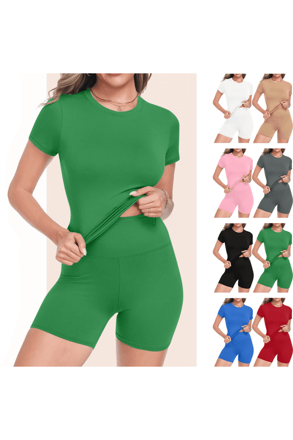 Workout Sets for Women 2 Piece Outfits Short Sleeve Crewneck Yoga Top and Biker Shorts Set Seamless Athletic Gym Fitness Lounge Clothes