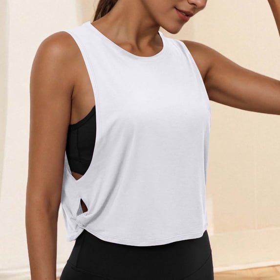 Xdegoge Workout Tank Tops for Women Crewneck Sleeveless Active Gym Yoga Style Relaxed Fit Solid Cropped Design Deep Armhole Open Side Breathable Summer Tops