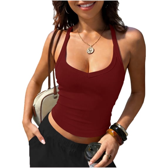 Xdegoge Workout Tops for Women Sleeveless Halter Top Summer Slim Breathable Cropped Cami Fashion Solid Color Crew Neck 2026 Tank Top