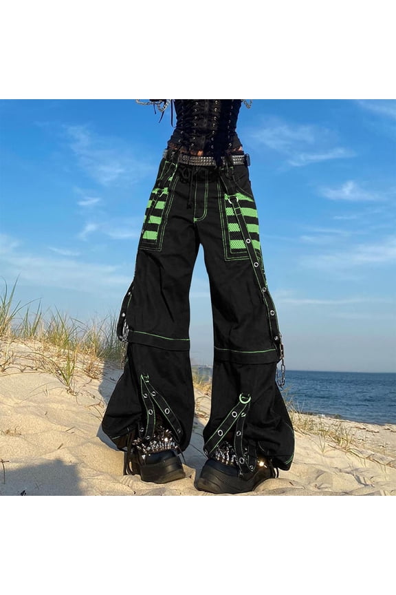 Y2K Cargo Pants for Women Baggy Wide Leg Goth Punk Streetwear High Waisted with Chain Straps Multi Pockets Relaxed Fit Grunge Trousers
